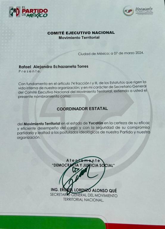 Designan a Rafael Echazarreta como coordinador de Movimiento Territorial en Yucatán