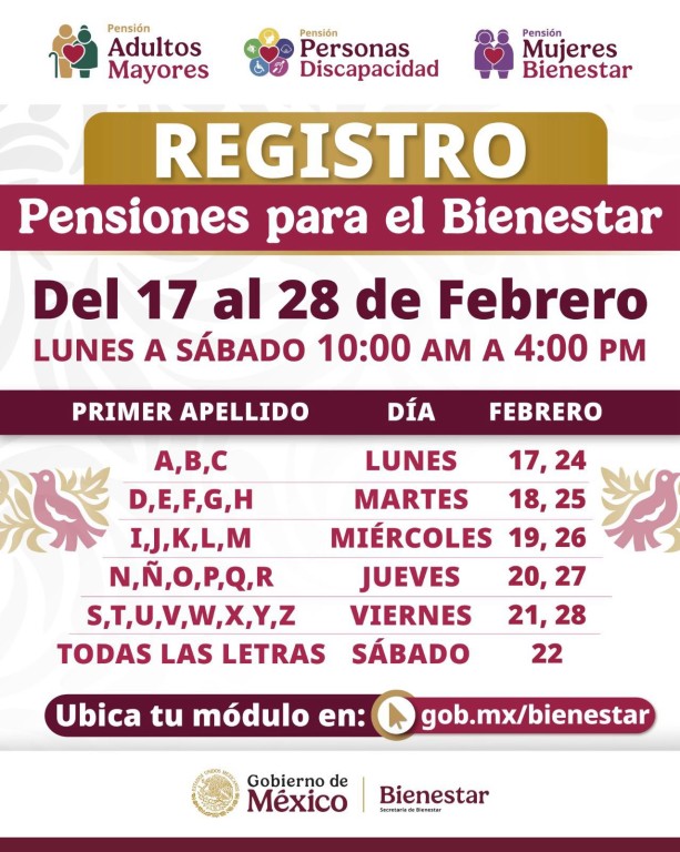 Gobierno de México informa que del 17 al 28 de febrero arranca registro a las Pensiones para el Bienestar