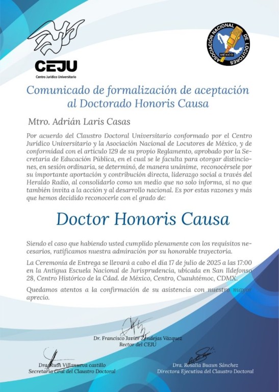 Otorgan Doctorado Honoris Causa a Adrián Laris Casas