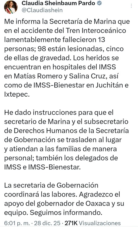 Llegan a 13 los fallecidos por trenazo en Oaxaca