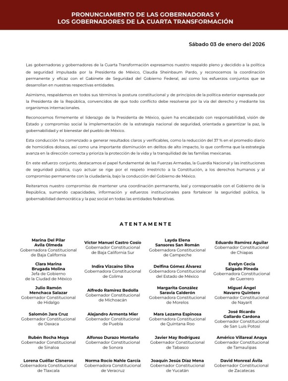 Publican Huacho y gobernadores 4T manifiesto de apoyo a Claudia Sheinbaum