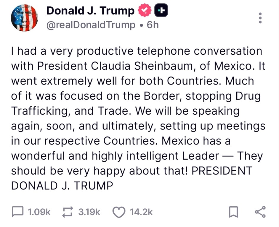 Elogios de Donald Trump para la presidenta Claudia Sheinbaum