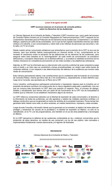 CIRT reconoce avances en el proceso de consulta pública sobre los Derechos de las Audiencias