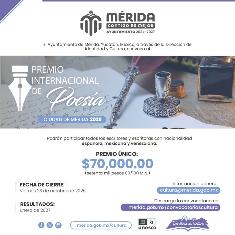 Abren las convocatorias del Fondo Editorial y el Premio Internacional de Poesía Ciudad de Mérida 2026