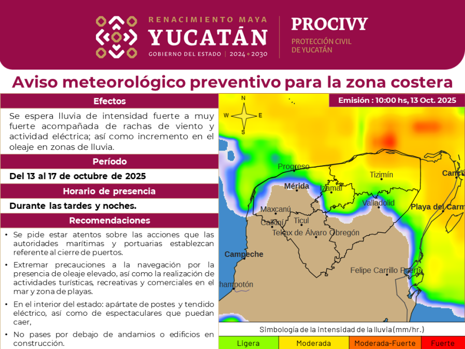 Procivy alerta por lluvias fuertes y rachas de viento en la costa de Yucatán Procivy alerta por lluvias fuertes y rachas de viento en la costa de Yucatán