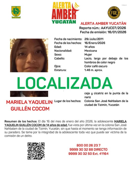 Localizan a adolescente desaparecida en Tizimín