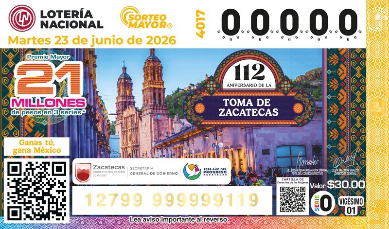 Realizará Lotería Nacional Sorteo Territorio para conmemorar el CXII Aniversario de la Toma de Zacatecas