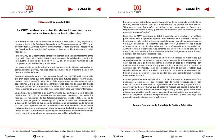 Celebra la CIRT aprobación de Lineamientos en materia de Derechos de las Audiencias