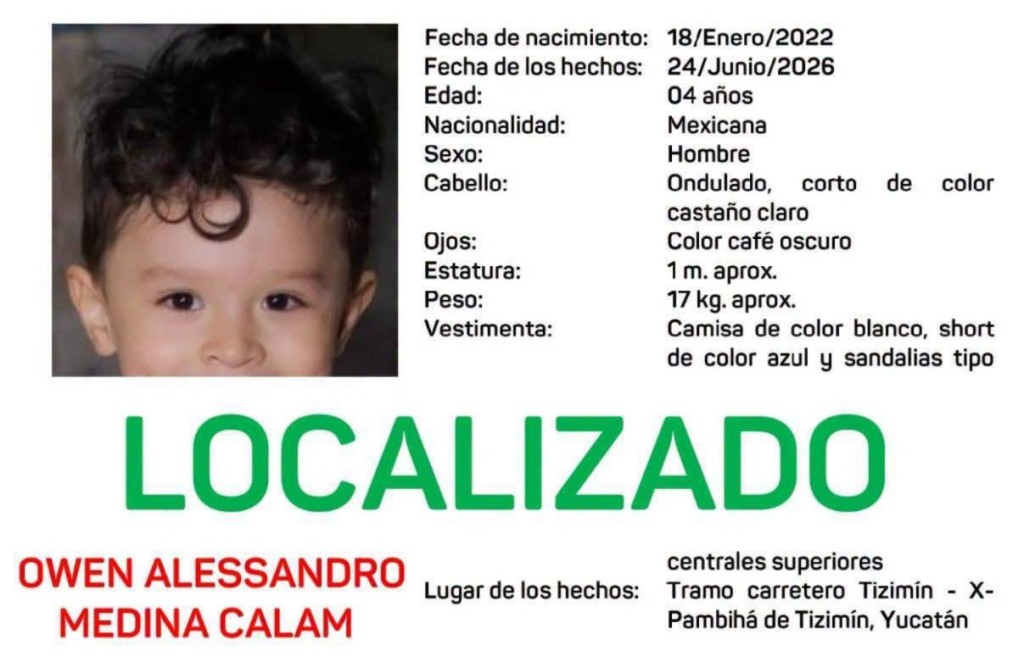 Localizan en Tizimín a menor de 4 años reportado mediante Alerta Amber