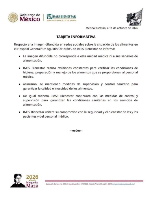 Desmiente IMSS-Bienestar supuesto video donde se denuncia que en el hospital O’Horán sirvieron a pacientes comida con gusanos